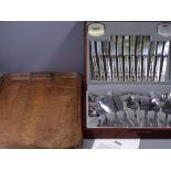 CASED VINERS CANTEEN OF CUTLERY and a vintage oak tray