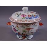 ORIENTAL FAMILLE VERTE - a neat circular two-handled lidded pot with floral and bird decoration,