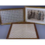 GILT FRAMED OLD WHITE HAND SEWN COTTON PANEL, 28 x 50cms and a framed fashion print of five ladies