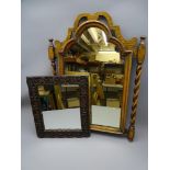 OAK BARLEY TWIST WALL MIRROR with a smaller carved example, 68.5 x 49.5cms and 39 x 33cms