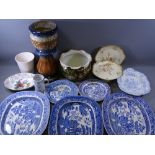 BLUE & WHITE MEAT PLATES, pottery jardinieres, blush decorated tableware etc