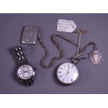 ANTIQUE SILVER POCKET WATCH & ALBERT with silver fob and vesta case attachments, along with a gent's