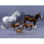 BESWICK DAPPLED GREY SHIRE HORSE, three Beswick donkeys and a Beswick brown shire horse