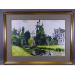 C D CLAYDEN watercolour - Glynllifon, Caernarfon scene with small river, bridge and elegant