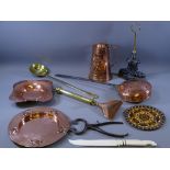BRASS & COPPERWARE - a good Arts and Crafts style copper jug, similar circular copper plate, a