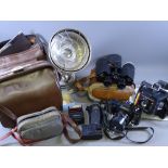 VINTAGE & LATER CAMERAS, a pair of 7 x 50 binoculars and a vintage heat lamp ETC