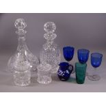 TWO CUT GLASS DECANTERS, a Bristol Blue type Victorian jug and other glassware