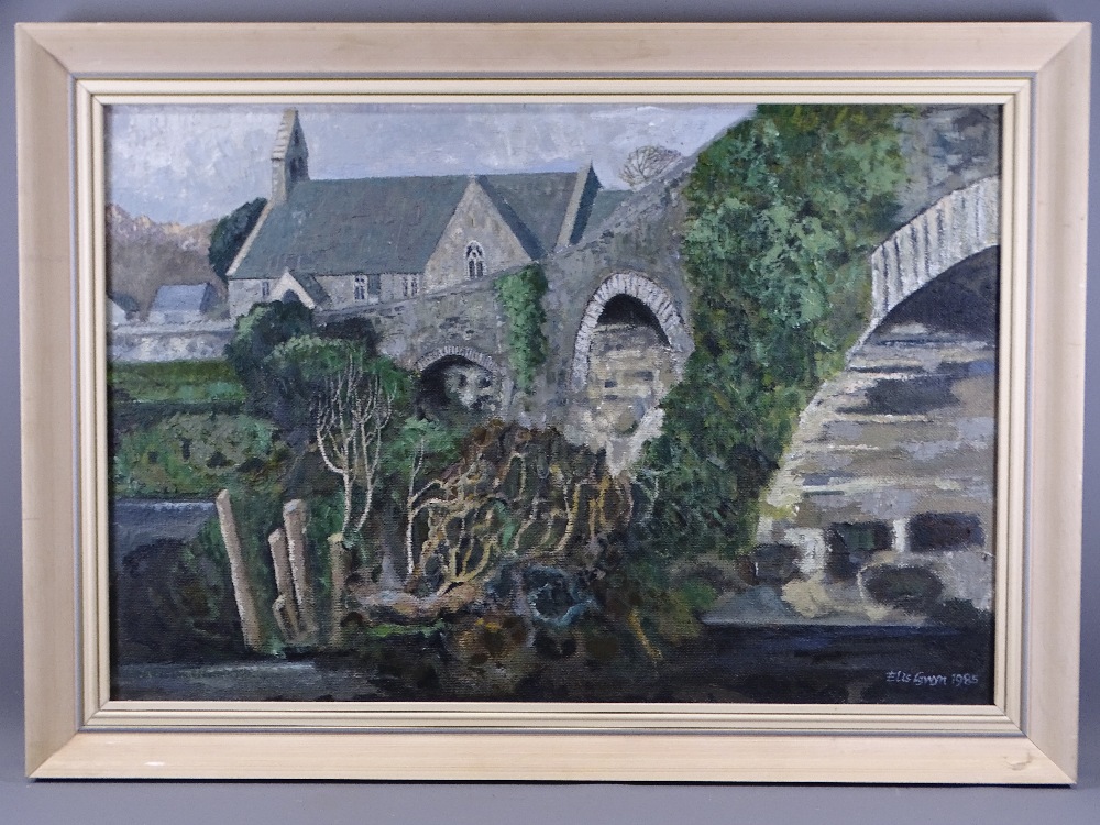 ELIS GWYN oil on board - Llanystumdwy Bridge over a river the with church in the background