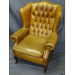 BUTTON BACK TAN LEATHER WINGBACK ARMCHAIR, 105cms H, 84cms W, 56cms D the seat