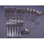 SILVER CUTLERY - fifteen pieces, five dessert forks, five dinner forks and 8 dessert spoons, 27 ozs,