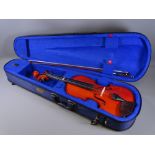 MODERN VIOLIN & BOW in hard canvas covered carry case, interior label reads 'The Stentor Student