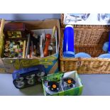 WICKER BASKET PICNIC SET, bowling balls and boules sets, sewing basket and contents, decorators