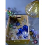 DRINKING GLASSWARE, Caithness and other paperweights, an amber ceiling light shade and a large glass