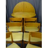 MID-CENTURY TEAK CHAIRS, a set of six with a circular top extending dining table and an oval top