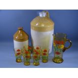 STONEWARE FLAGONS X 2 and a painted amber glass lemonade set