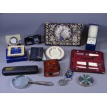 MIXED COLLECTABLES GROUP including Pierre Cardin cased pen set, silver handled magnifying glass,