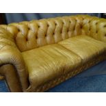 BUTTON TAN LEATHER CHESTERFIELD SETTEE, 74cms H, 192cms W, 62cms D the seat