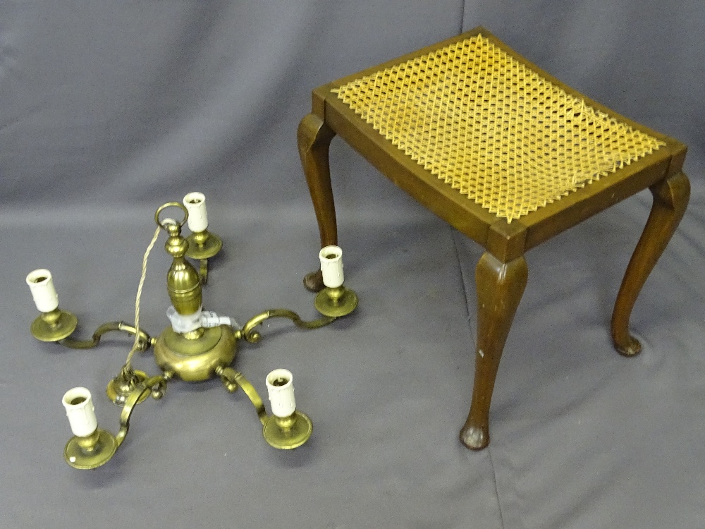 CANE SEATED STOOL and a five branch brass effect ceiling chandelier