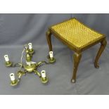 CANE SEATED STOOL and a five branch brass effect ceiling chandelier