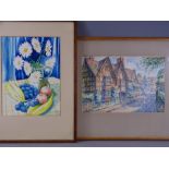 ... SLATER watercolour - street scene with timbered buildings, signed, 21 x 31cms and