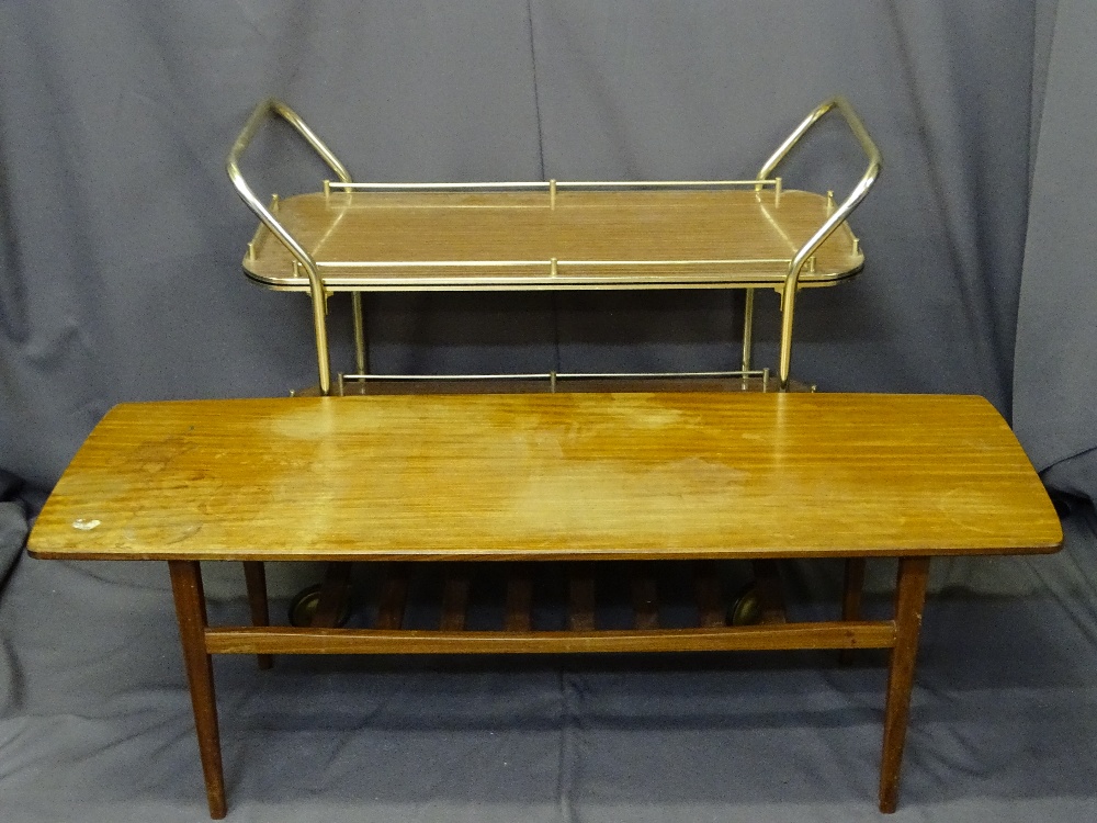 MID-CENTURY TEAK LONG-JOHN COFFEE TABLE and a formica top long tea trolley with galleried edging,