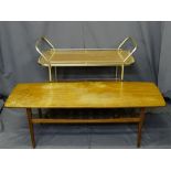 MID-CENTURY TEAK LONG-JOHN COFFEE TABLE and a formica top long tea trolley with galleried edging,