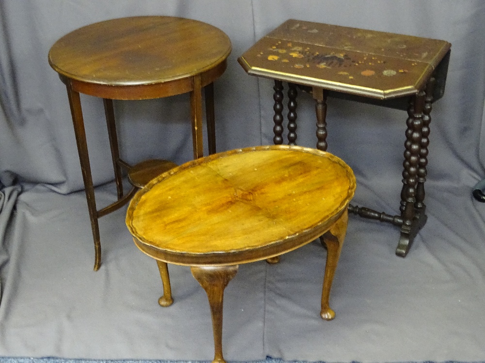 THREE VINTAGE OCCASIONAL TABLES including a bobbin turn base Sutherland table with chinoiserie