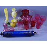 CRANBERRY & OTHER GLASSWARE - a large Cranberry water jug, a parcel of Cranberry goblets and sugar