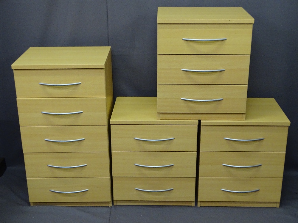MODERN LIGHTWOOD EFFECT BEDROOM FURNITURE - four narrow chests, all 50cms wide, three with three