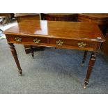 VICTORIAN MAHOGANY SIDE TABLE fitted two frieze drawers on turned legs, brass castors, 97 x 52cms