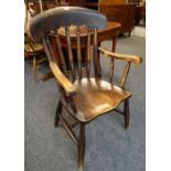 VICTORIAN ELM FARMHOUSE CHAIR with spindle backs, saddle seat, turned legs