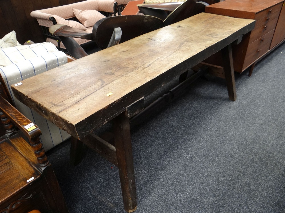 ANTIQUE ELM BUTCHER'S BLOCK-TYPE TRESTLE TABLE (alterations) 186 x 50 x 72cms