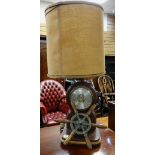 UNUSUAL NAUTICAL TABLE LIGHT the base incorporating miniature ship's wheel and Carrington aneroid