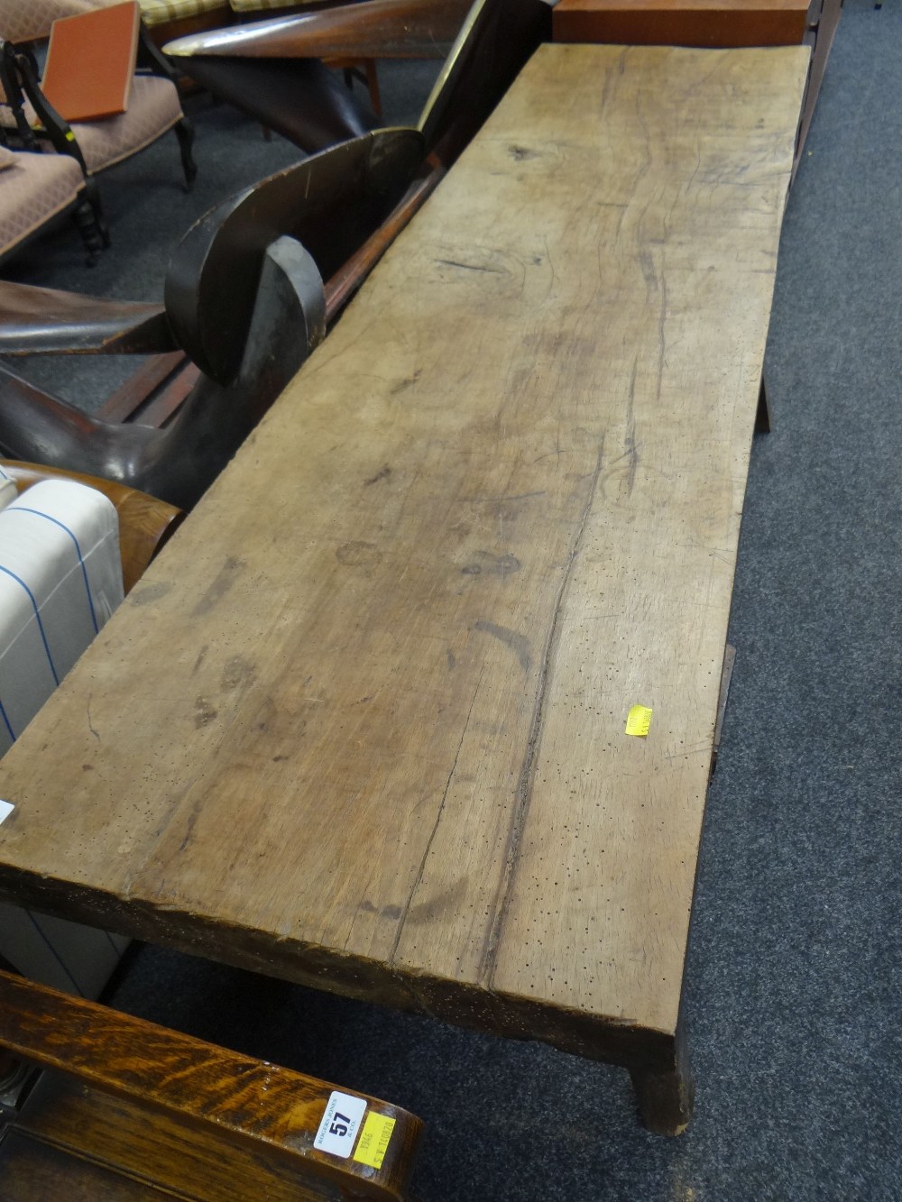 ANTIQUE ELM BUTCHER'S BLOCK-TYPE TRESTLE TABLE (alterations) 186 x 50 x 72cms - Image 2 of 2