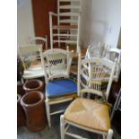 ASSORTED PAINTED FURNITURE including pine breakfast table, set of six rush seated chairs, four