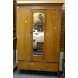 EDWARDIAN MAHOGANY & SATINWOOD CROSS BANDED TRIPLE WARDROBE with mirror door, 126cms wide x 47cms