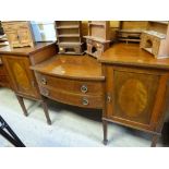 EDWARDIAN MAHOGANY SATINWOOD & CHECKER STRUNG BOW FRONT SIDEBOARD, 166cms wide Condition Report: top