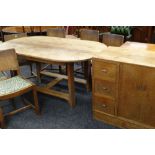 E. GOMME ART DECO OAK SIDE CABINET, 107 x 46cms and matching oak dining table with six chairs