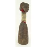 CAMEROON BRASS BELL with janus head handle, 46cms high
