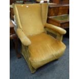 VINTAGE WICKER WING BACK ARMCHAIR with upholstered seat and arms