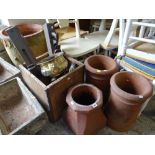 ASSORTED DECORATIVE ITEMS including three terracotta chimney pots, brass planter, vintage wood