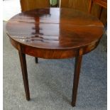 EDINBURGH GEORGE III MAHOGANY DEMI-LUNE MARQUETRY TEA TABLE folding top with double gate leg action,