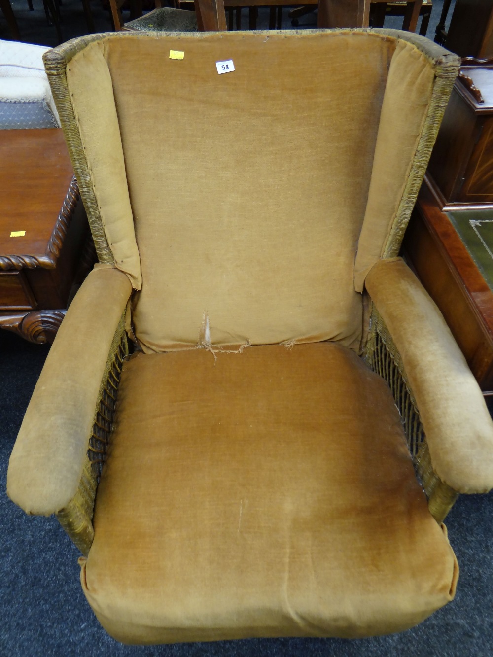 VINTAGE WICKER WING BACK ARMCHAIR with upholstered seat and arms - Image 2 of 2