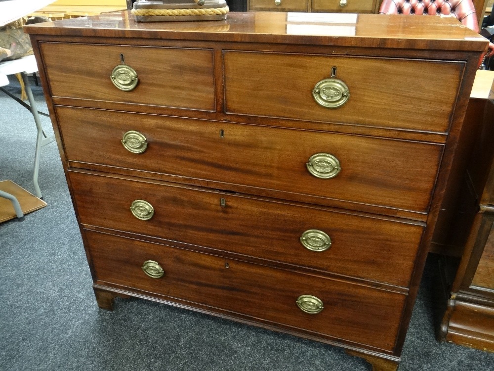 19TH CENTURY MAHOGANY CHEST, fitted two short and three long drawers, on bracket feet, 108cms wide