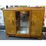 ART DECO BURR WALNUT & WALNUT SIDE CABINET, glazed central door flanking cupboards, 137cms wide