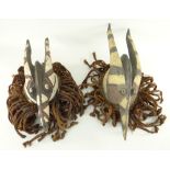 TWO MOSSI WAY-NYAKA ANIMAL DANCE CRESTS with plaited fibre fringes, 49cms (2)