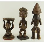 AZANDE FIGURE 30cms high, Hemba figure 24cms high; miniature Luba figural stool 18cms high (3)