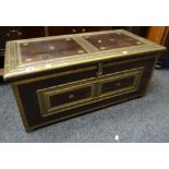 INDIAN BRASS MOUNTED HARDWOOD CHEST with brass clasp, 91cms wide