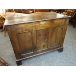 18TH CENTURY TALL OAK COFFER plank top and panelled front, 98 x 59 x 84cms