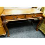 MODERN GEORGIAN-STYLE CARVED HARDWOOD SIDE TABLE, fitted two frieze drawers, carved legs, 110 x